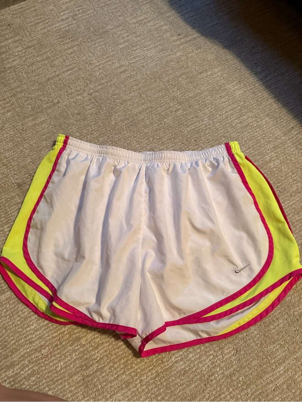 Nike Women’s White Athletic Shorts with Neon Yellow & Hot Pink Trim